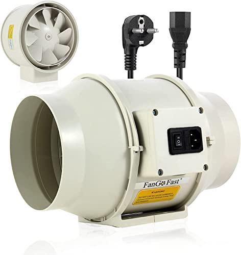 FanGoFast Rauchabzug Rohrventilator 125 mm Inline-Kanalventilator Abluftventilator Rohrlüfter 230 V Leise mit IEC-Steckdose EU-Stecker + 1,5 m EU Netzkabel für Badezimmer, Büro, Wachstumsräume