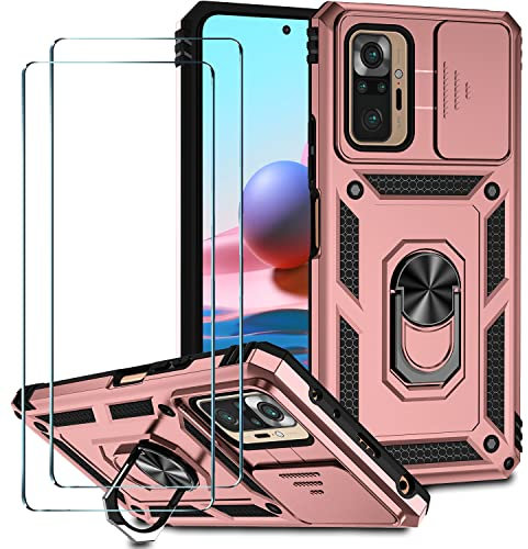 ATISIJIE Carcasa para Xiaomi Redmi Note 10 Pro/Note 10 Pro MAX Funda Original con 2 Protector Pantalla Vidrio Templado HD, [Protección cámara] Antigolpes Militar Funda Magnetic Anillo Case Oro Rosa