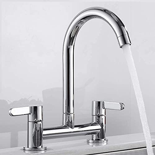 Kitchen Sink Mixer Taps, 2 Hole Kitchen Faucet 360° Swivel Spout Dual Lever Sink Taps 1/4 Turn Easy Use Cold and Hot Mixer Tap Deck Mounted Bridge Taps with UK Standard Fittings(Chrome)