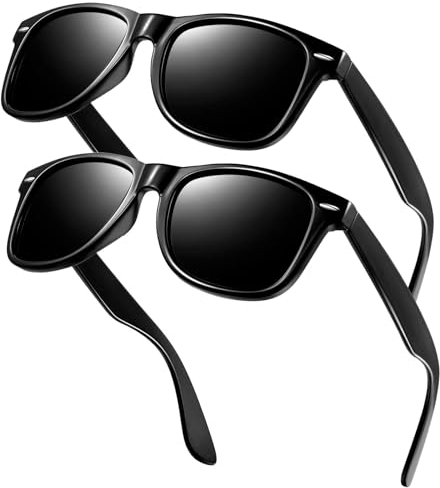 KANASTAL 2er Set Polarisiert Sonnenbrille Herren Damen Retro Rechteckig Sonnenbrille UV400 Schutz, Glänzend Schwarz Rahmen Schwarz Gläser 2 Paare