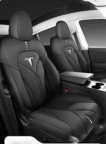 Auto-SitzbezüGe für Tesla Model Y 5-Sitze, Leder Luxus Voll Vorderseite Und RüCkseite SchonbezüGe, Auto-ZubehöR Schonbezug AutositzbezüGe Kompatibel,B Black