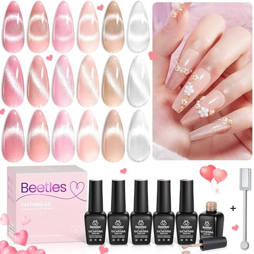 Beetles Cat Eye Gel Nagellack, 6 Farben glitzernd rosa beige transparent Silber Pastell samtig magnetischer Gel-lack natürlicher Nagellack Kunst Maniküre Salon DIY