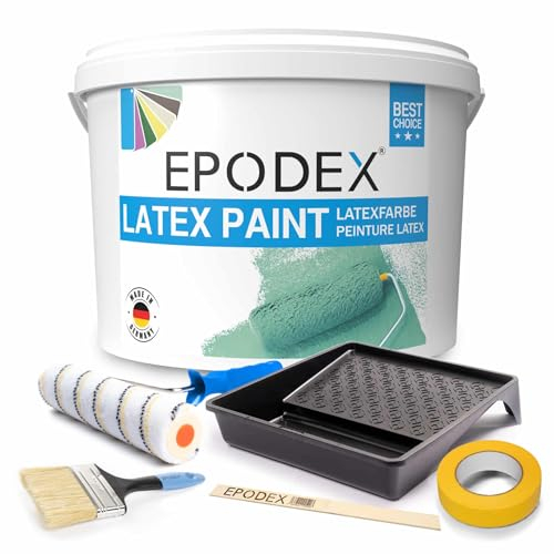 EPODEX® LATEX PAINT | Latexfarbe Glanz Seidenglanz| Abriebfest Abwaschbar Strapazierfähig Geruchsarm Hohe Deckkraft | + Zubehörset | 45 Farben Polar Weiß Bunt Farbig 1-50Kg