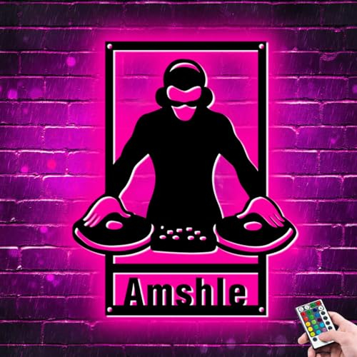 ASD Jewerly Personalisierte DJ-Disc-Musik-Wandkunst aus Metall, individueller Name DJ-Spieler, Raumdekor-Schild mit LED-Leuchten, DJ-Wandbehang-Dekor, Heimmusik-Club-Dekoration
