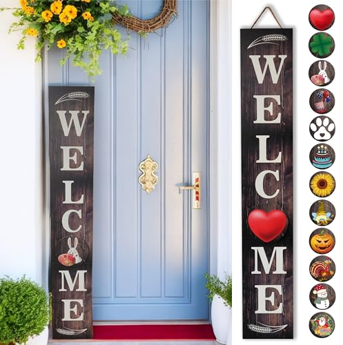 Windbeständiges, hohes Willkommensschild für Haustür, Veranda, stehend, 12 saisonale Schilder, austauschbar für Feiertage und Jahreszeiten, vertikale Holz-Veranda-Dekorschilder, schwer, 129 cm (grau)