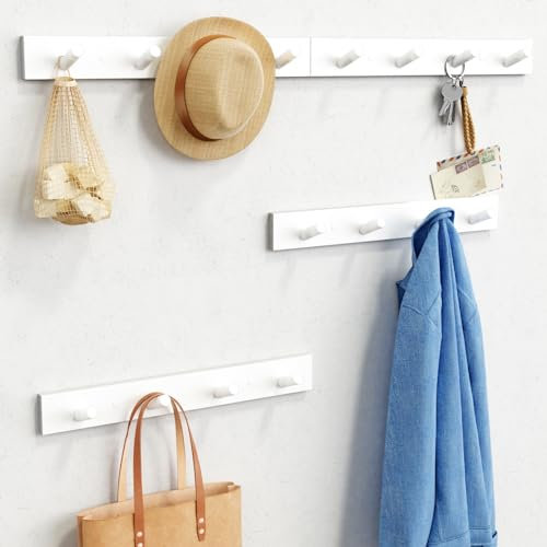 Forbena Juego de 4 percheros de pared blancos para colgar resistentes, modernos ganchos de pared para llaves, sombreros, ropa de niños, mochilas, bolsos, gorras, entrada, armario, dormitorio, madera