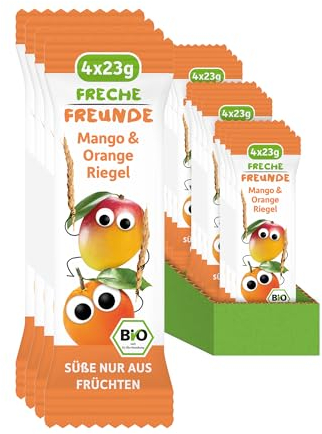 FRECHE FREUNDE Bio Fruchtriegel Mango & Orange, Obst Riegel für Babys und Kinder ab 1 Jahr, fruchtiger Snack ohne Zuckerzusatz, vegan, laktosefrei, 12er Pack, 12x (4x 23g)