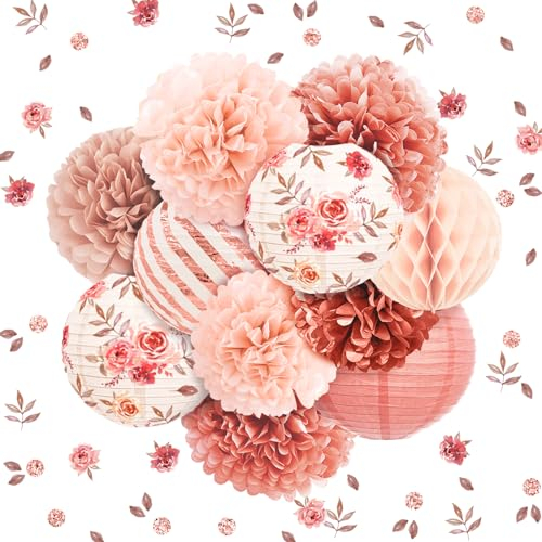 NICROLANDEE Wedding Decorations, 12PCS Rose Gold Paper Lanterns Tissue Pom Poms Confetti Decor for Bridal Shower Bachelorette Valentines Party, Rose Gold Pink Girl Birthday Party Decoration