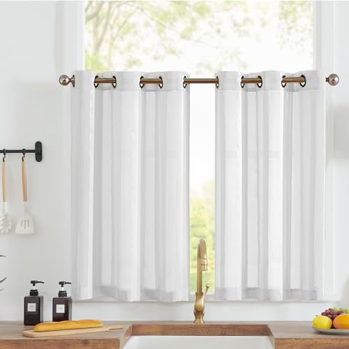 Vangao Sheer Scheibengardinen mit Ösen Transparent Bistrogadine Landhaus Modern Voile Küchenvorhang Gestreift Küchengardinen Paarig für Badezimmer Klein Fenster Dekor 90x90cm(BxH) Weiß 2er Set