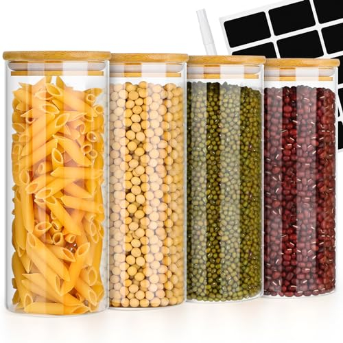 Avmvnvc Bocaux en Verre - Lot de 4 Bocal en Verre avec Couvercle en Bambou - Bocaux Rangement Cuisine - Pot en Verre avec Couvercle pour Pâtes, Céréales, Thé, Haricots (900ml×4)