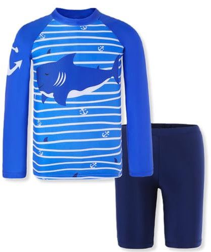 Momkonzz Boys Swimming Costumes Kids Rash Guard Swimsuit 2 Piece Swimwear UPF 50+ Protection Bathing Suit Toddler Long Sleeve Sunsuit Shark Swimming Shirt Trunks Dark Blue 3-4 Years