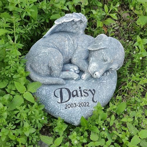 GiftYi Hunde-Gedenkstein - Herzförmiger Haustier-Gedenkstein mit Einer Engel-Hundestatue, die Oben schläft, 3,9 (H)