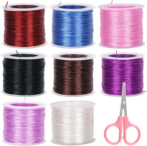 Glarks Set di 8 rotoli di cordoncino elastico piatto da 90 metri, 8 colori, con forbici, per bracciali, collane, perline e creazione di gioielli