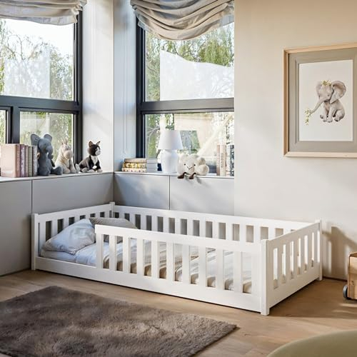 Kinderbett Bodenbett 80x160 cm mit Rausfallschutz & Lattenrost Montessori Bett Bed Gitterbett Kinder Jugendbett Einzelbett optional mit Matratze | weiß weitere Größen 90x200 | 120x200 | 140x200 cm