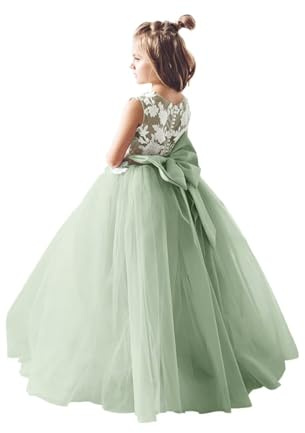 Inpown Sage Green Flower Girl Dresses for Wedding Princess Lace Appliques Tulle Pageant Dresses for Girls Party Evening Formal Dance Gown Size 6