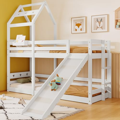 Sapgaks Letto capanna per bambini 90 x 200 con scivolo e scala, letto a castello per bambini, letto a soppalco a 2 posti per bambini, letto a soppalco per bambini, letto a soppalco per bambini, letto