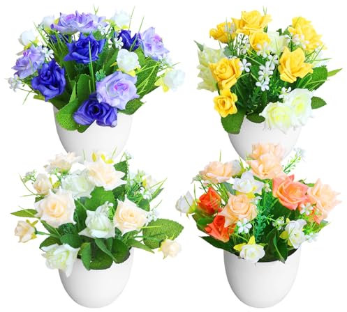 XIAQICA 4 Pezzi Piantine Finte Decorative con Vasetto Rose Mini Fiori Finti Piante Artificiali Verdi in Vaso Plastica DIY Interno Decorazioni per Esterno Casa Ufficio Tavolo Stanza Bagno