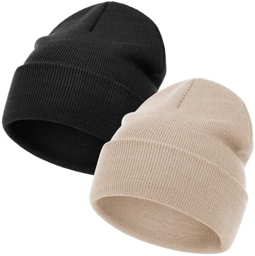 2 Stück Strickmütze Strickmützen für Damen, Warme Knit Cuffed Watch Cap, Wintermütze Beanie Mütze Mit Schirm,Mütze Damen Mütze Herbst- und Winter Essentials für Männer und Frauen (Schwarz/Beige)