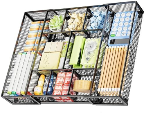 Marbrasse Desk Organiser Drawers,Mesh Tray with 10 Adjustable Compartments,Desk Accessories & Storage,5 Dividers Drawer for Office Supplies,Makeup Houseware(Black)