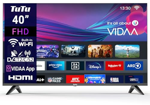 TuTu TV 40 Pollici Full HD TUV40FQ1, Smart TV VIDAA Compatibile con Wi-Fi, Triplo Tuner (DVB-T/T2, DVB-C, DVB-S/S2), App Store, HDMI, USB, Modalità hotel