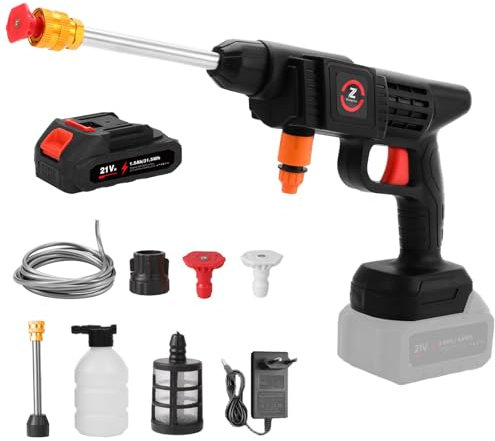 Nettoyeur Haute Pression sans Fil, 50 Bar, avec Tuyau de 5 m et 2 Buses, Portable, pour Le Nettoyage et l'arrosage de Voiture, 1.5AH