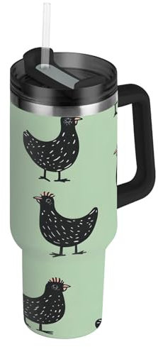 RPLIFE Vaso con asa de 40 onzas, taza de café aislada de acero inoxidable para hombres y mujeres, pollos negros