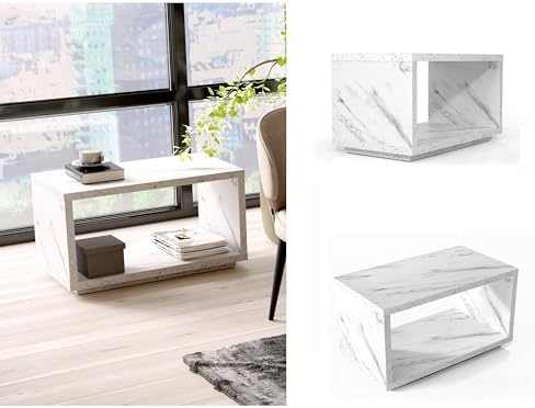 Cari coffee table: Coffee Table with Storage Shelf White Marble Effect Small Rectangular Occasional Table Modern Living Room Furniture