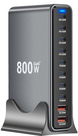 800W USB C Charger, GaN Fast Charging Station, 10 Ports, PD 140W PD 100W PD 65W, Compatible with MacBook Pro/Air, Microsoft Surface, Dell HP Asus Lenovo Laptop, Apple iPhone, iPad Pro, Samsung Galaxy
