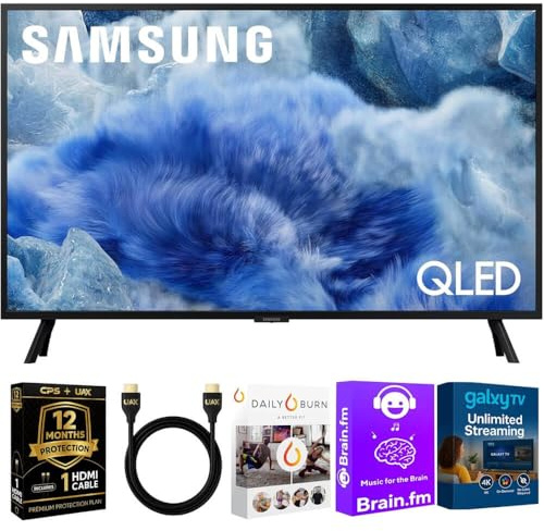 Samsung 32-Inch Q8F QLED 4K Smart TV, Quantum Dot, HDR+, 144Hz VRR, Slim Metal Design, Voice Remote, Includes 1-Year Warranty, AUX HDMI Cable & Streaming Bundle