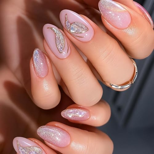 24Pcs Aurora Glitter Full Cover Fake Nails - 3D Purple Gold Butterfly Design,Medium Almond Press On Nails with Jelly Adhesive Tabs, Elegant Stick On Nail Art for Parties