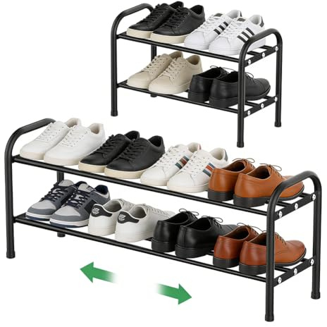 Tutamaz Schuhregal mit 2 Ebenen,42-78 cm, Schuhregal Schmal Ausziehbar Platzsparend,Schuhständer aus Metall, Schuhorganizer platzsparend, für Schlafzimmer Wohnzimmer Flur, Schwarz