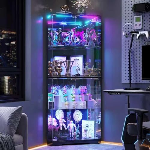FREDEES 164cm Glasvitrine mit RGB-Beleuchtung & Glastüren | Eckdesign, 4 Ebenen, Intelligente Bewegungssensor, Verstellbare Böden, Für Figuren, Spielzeug & Bücher, Schwarz