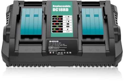 Battery Charger DC18RD Dual Port 6A, Compatible with Makita Battery 18V-14.4V Li-ion BL1830 BL1850 BL1860 BL1840, Drill Chainsaw Power Tool Battery Charger, Replace for DC18RC DC18SF DC18RA
