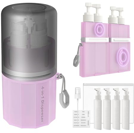 Rimotedeso conjunto de botellas de viaje, función innovadora de succión al vacío 4 en 1, aprobado por TSA y a prueba de fugas, silicona sin BPA, para shampoo cosmético equipaje de viaje, rosa
