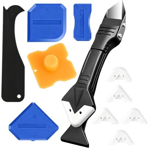 5-in-1 Silikon Entfernen Werkzeug Set, Fugenglätter Fugenmesser aus rostfreiem Edelstahl mit 5 austauschbaren Silikonpads, multifunktionales Verstemmwerkzeug für Küche Bad Fugen Dichtarbeiten