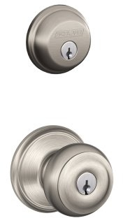 SCHLAGE Satin Nickel FB50N V GEO 619 B60 Single Cylinder Deadbolt and F51 Entry Georgian Knob Keyed Alike, Finish, Security Set