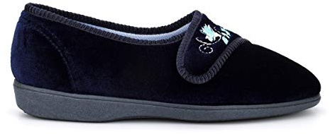 Sleepers Womens Touch Fastening Embroidered Machine Washable Memory Foam Slippers Navy Blue