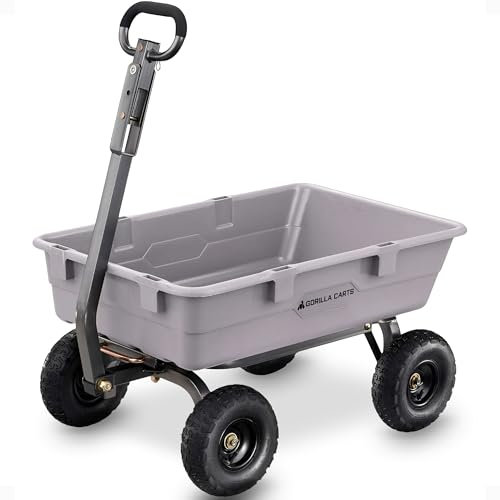 Gorilla Carts GOR5-COM Poly Garden Dump Cart with Steel Frame,38-inch x 20-inch rust-proof poly bed and 10-inch pneumatic tires, with a Capacity of 800 lb, Gray