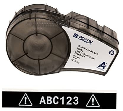 Brady Vinyl-Etiketten für Etikettendrucker M211 & M210 - Vinyl-Klebe-Druckeretiketten - Industrieetikettenband für Kabel/Namensetiketten - Weiß auf Schwarz (12.70mm x 6.40m) - M21-500-595-BK