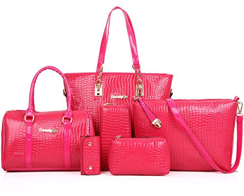 FiveloveTwo Damen 6-teiliges Set mit Crossbody Tasche und Geldbörsen PU Leder Schultertasche Shopper Tragetaschen Umhängetasche Geldbeutel Tote Taschen Clutches Rose