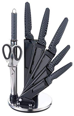 Michelino 8-teiliges Edelstahl Messer-Set mit Acryl-Ständer Kochmesser Brotmesser Fleischmesser Universalmesser Schälmesser Wetzstahl Schere (Carbonoptik)