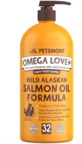 Petsmont Omega Love+ Wild Alaskan Salmon Oil for Dogs Formula 32 oz - Fish Omega Liquid Pump Cats Supports Joint Function Immune Heart Health Food Supplement Pets Natural EPA DHA Fatty Acids