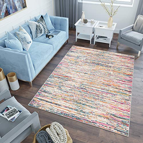 TAPISO Lazur Teppich Kurzflor Streifen Meliert Verwischt Grau Blau Creme Orange Rosa Wohnzimmer Schlafzimmer Modern Design ÖKOTEX 300 x 400 cm