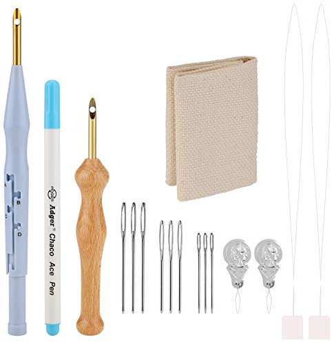 MWOOT 17 Stücke Stickerei Punch Nadel Werkzeuge Set-Holzgriff Stanznadel,Einstellbare Punch Needle zum 3D-Sticken und Punchen,Stickerei Stift,Stumpfe Nadel,Nadel Einfädler,Sticktuch