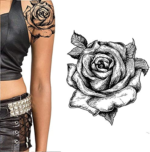 Roses black line art flower temporary tattoo sticker transfer female realistic body art transfers women waterproof flora legs arms, belly, festival full arm tattoo