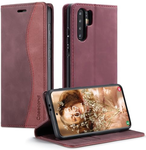 Casecond für Huawei P30 Pro Hülle Handyhülle Leder Flip Case Magnet Magnetisch Klappbar Kartenfach Klapphülle Wallet Lederhülle für Männer Frauen RFID Schutz Schutzhülle Wein Rot und Rot