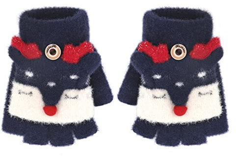JIAHG Kinder Halbfinger Handschuhe Fingerlose Fäustlinge Mädchen Winter Cartoon Fingerhandschuhe Strickhandschuhe Thermohandschuhe mit Klappe (Marine A)