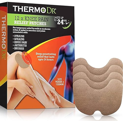 ThermoDR Knee Patches - Heat Patches Made with Non-Woven Fabric Infused with Menthol, Camphor, Eucalyptus, and Wormwood Plant Extract - Multi Use Patch for Muscle and Joint Aches 12 Pcs, 1 Pack