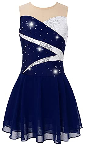 iEFiEL Mädchen Eiskunstlauf Kleid Glitzer Ärmellos Ballettkleid mit Strass Trikotanzug Kinder Tanzkleid Wettbewerb Tanzkostüm Dunkel Blau 122-128