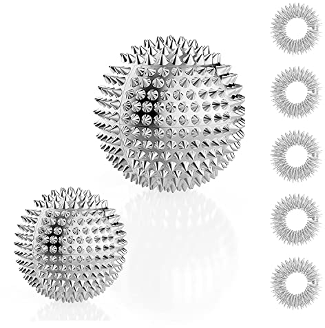 2 igelball massage + 5 akupressur ring finger - akupressur ball metal klein 32mm 47mm - skills ring akkupressurringe for finger - skills borderline igelbälle Massageringe set für Stress Relief silber